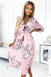 Numoco chiffon pleated midi cocktail dress with neckline and belt  Adomoo